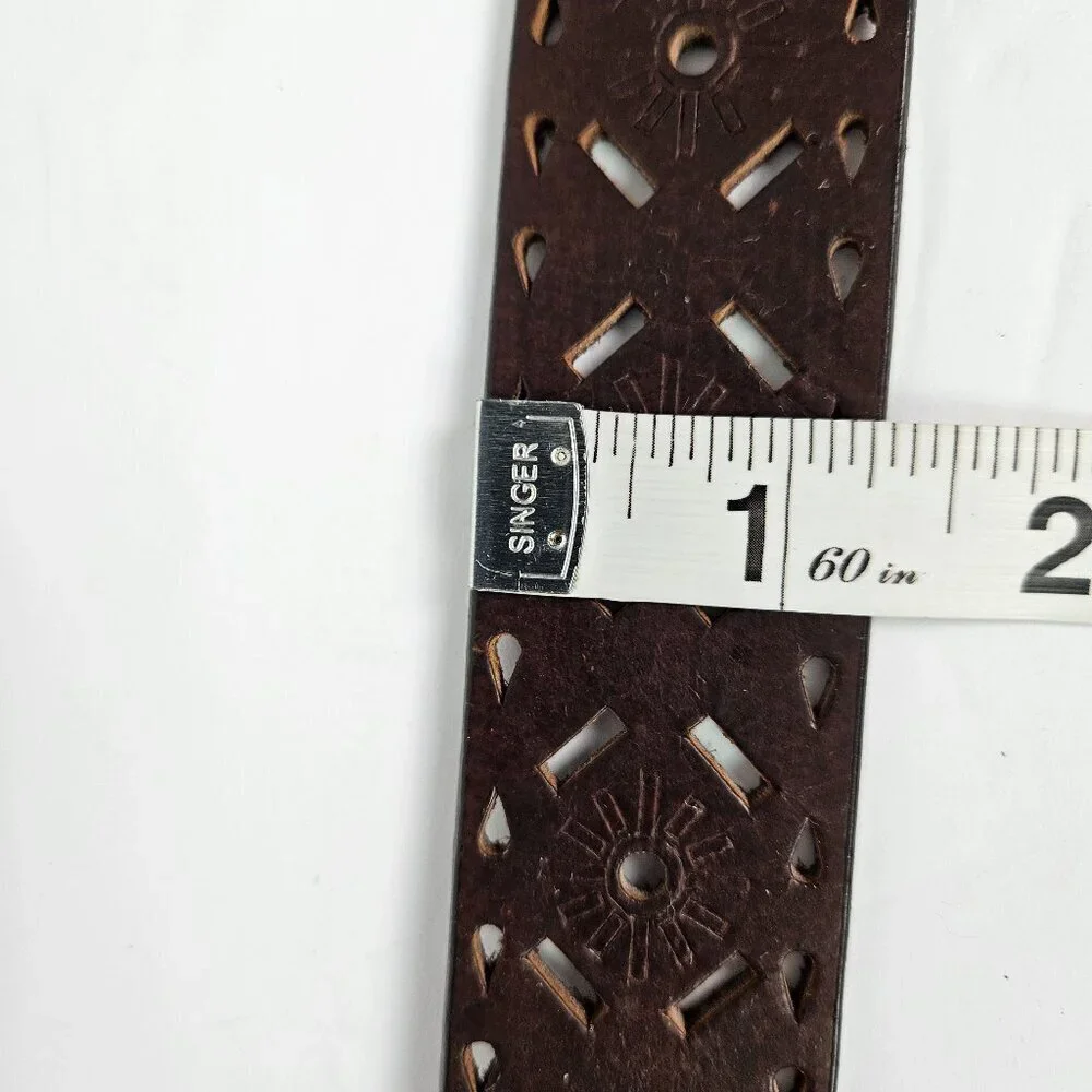 Boho Chocolate Brown Perforated Sunburst Tooled Leather Belt L